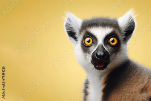 Lemur catta portrait with surprised expression on isolated yellow background. ai generative © Igor