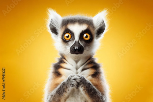 Lemur catta portrait with surprised expression on isolated yellow background. ai generative