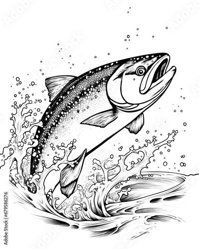 Salmon jumping out of the water during spawning. Coloring template. Edited AI illustration. photo