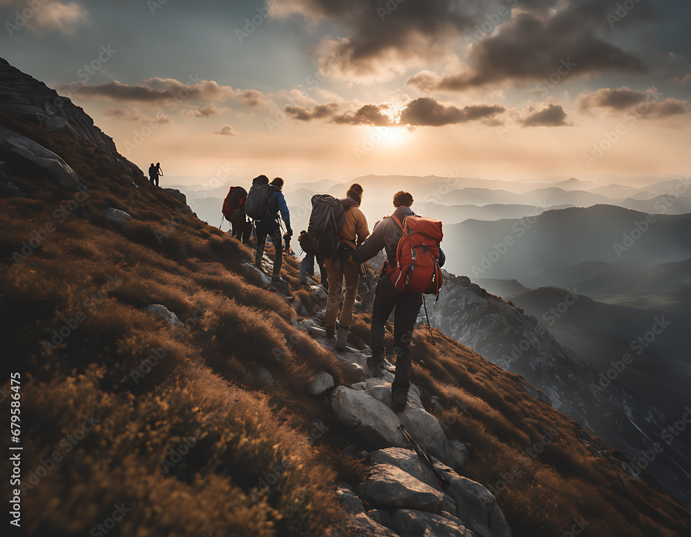 Amazing picture of hikers supporting one another to the summit of the mountain. people helping each other person on top of mountain