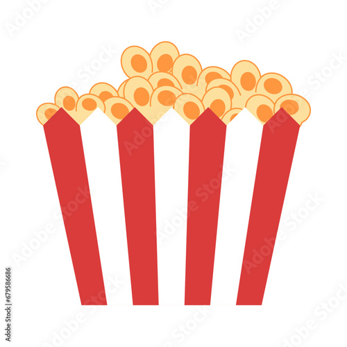 heap popcorn on bucket white and red color striped delicious snack sweet or salty taste for cinema theater entertainment