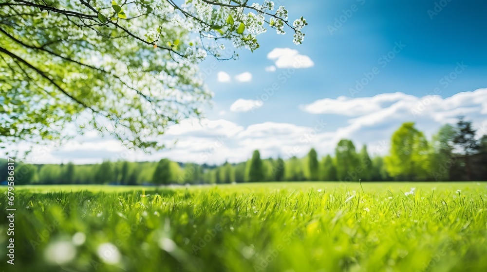 Generative AI image of a Beautiful blurred spring background nature with blooming glade, trees and blue sky on a sunny day