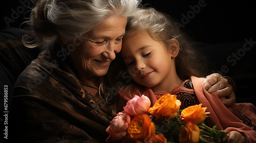 portrait of a happy woman with a little daughter in a studio