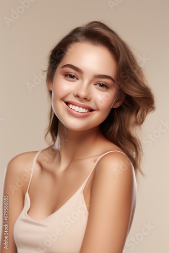 smiling woman enjoying beauty treatment on beige background. AI Generated