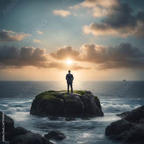 Concept of a dejected businessman standing by himself on a small island in the middle of the ocean, a man standing on a rock in the water