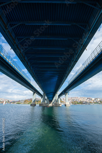 Istanbul Golden Horn Bridge. Under the Istanbul Golden Horn bridge. Bottom view of the Golden Horn Bridge. Historical bridges of Istanbul. 