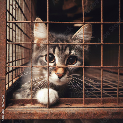 Stray homeless cat in animal shelter cage. ai generative