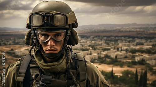 Generative AI image of a close-up image of an Israeli infantry soldier wearing a green uniform and a helmet. War zone in the background © Eitan Baron