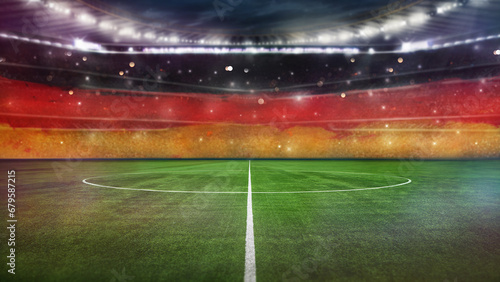 textured soccer game field with neon fog with germany flag - center, midfield © Igor Link