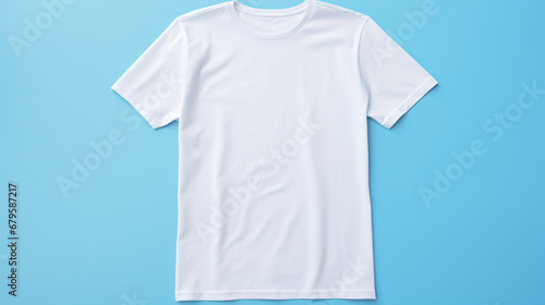 Blank White T-shirt Mockup on a blue background, copy space, blank white shirt mockup