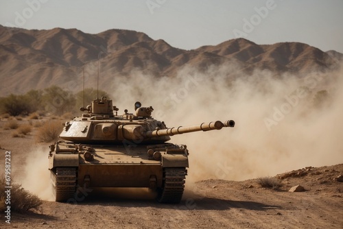 tank in fire on war zone fire and smoke in the desert background. ai generative photo