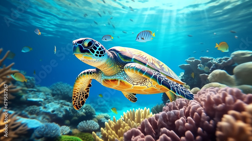Close up sea turtle swimming under the sea photo