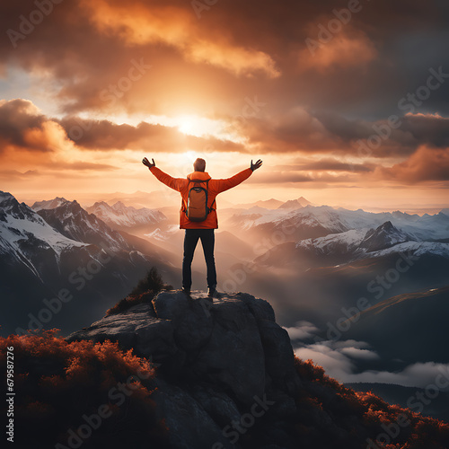Concept of the top of the globe with a man standing atop a mountain in an orange jacket, a man standing on top of a mountain with his arms raised © Simo
