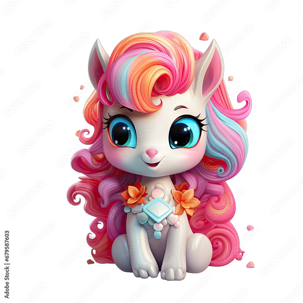 Cute Unicorn in 3D Style Isolated on Transparent or White Background, PNG