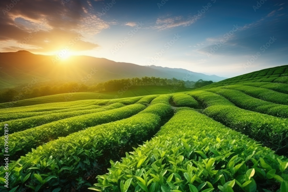 Green tea plantation at sunrise time,nature background. AI Generated - obrazy, fototapety, plakaty 