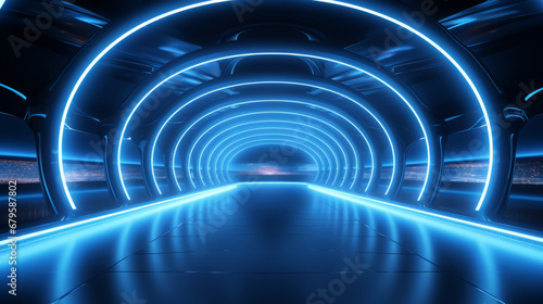 Empty blue futuristic tunnel. Technology Design.