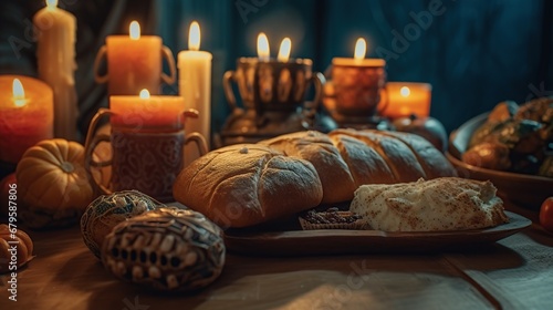 Still life with bread, pumpkins and candles. Selective focus