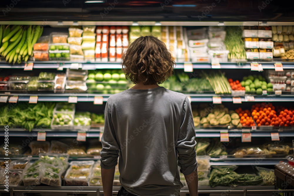 A young man shopping in a supermarket, standing in front of a shelf with vegetables and choosing products.