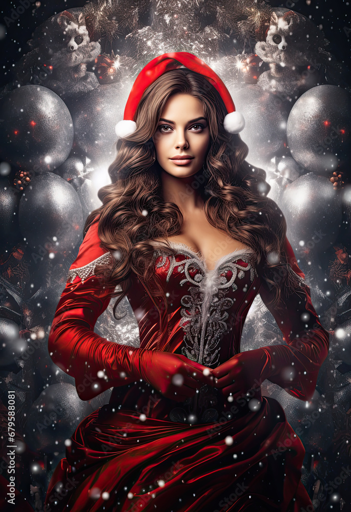 Beautiful woman in a santa outfit and a red dress. christmas scene.