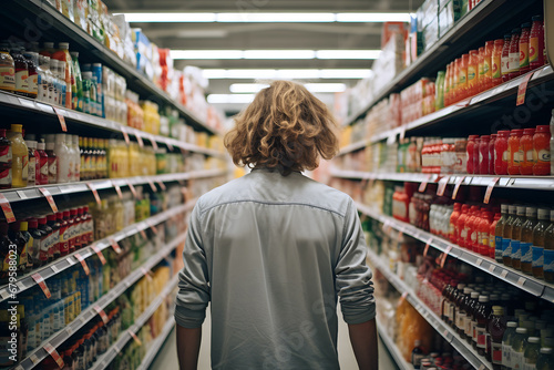 Young man buying groceries at the supermarket. Consumerism concept. © trompinex