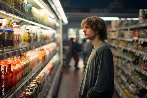 Young single man shopping in a supermarket, standing in front of a grocery shelf reading a product label.