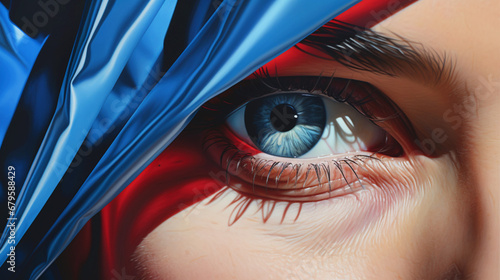 Close-up of woman's face with emphasis on the eye. Hyperrealism, pop art, contemporary figurative art. Banner photo