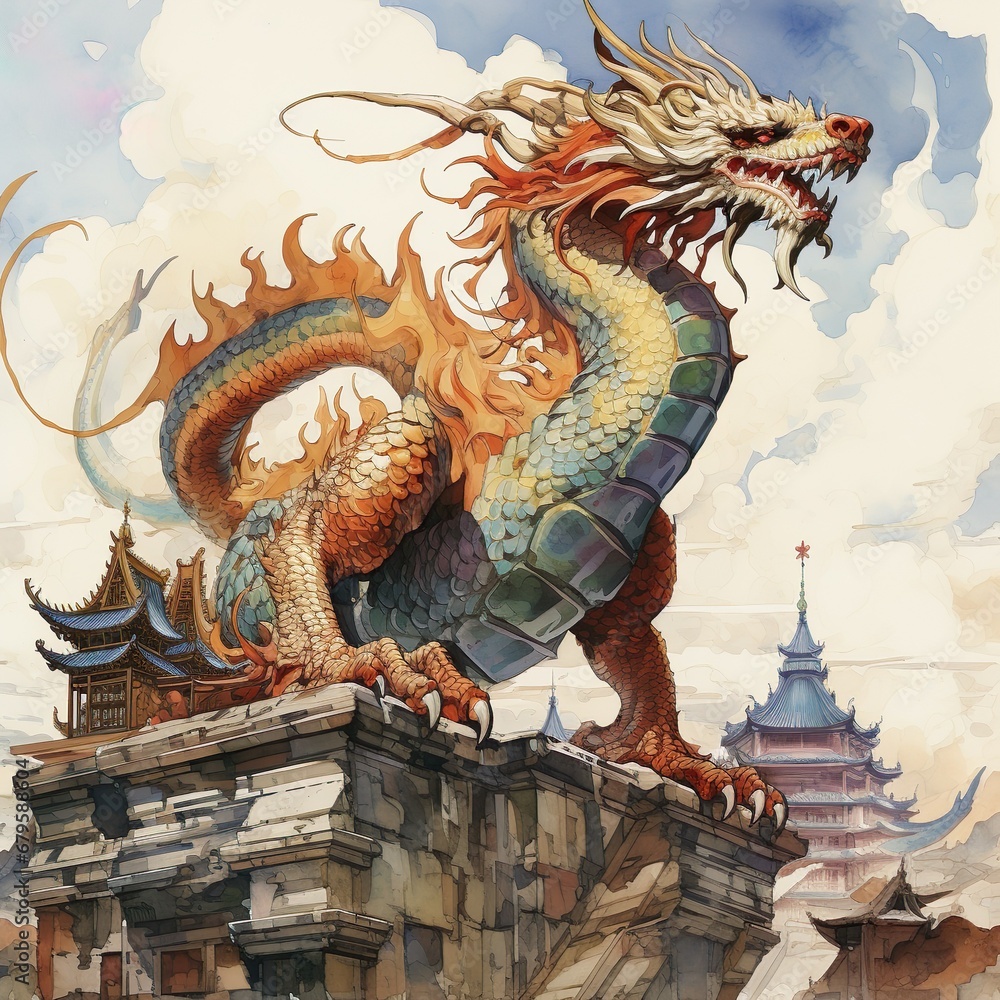 Obraz premium chinese new year dragon flying on roof of castle 
