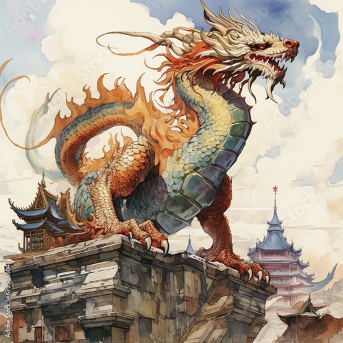 chinese new year dragon flying on roof of castle  © smoke