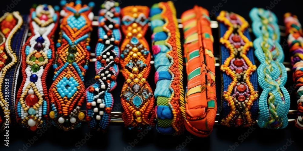 A close up of a bunch of colorful bracelets A close up of a bunch of colorful bracelets