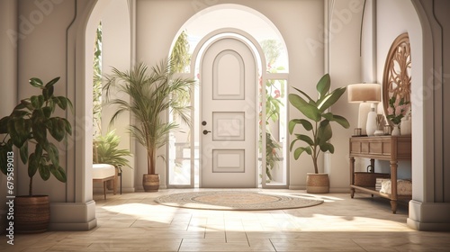 Modern interior design of living room with empty space, door and plants. Created with Ai