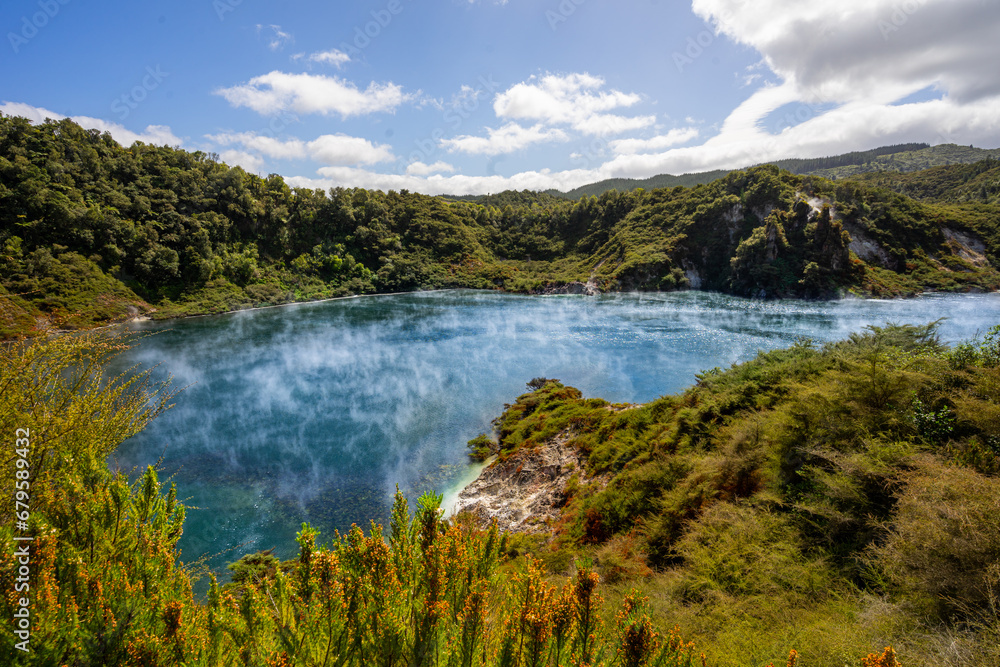 The photo shows lake at Waimangu Volcanic Valley, New Zealand.