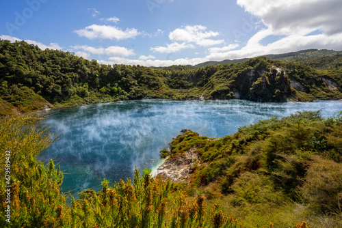 The photo shows lake at Waimangu Volcanic Valley, New Zealand.