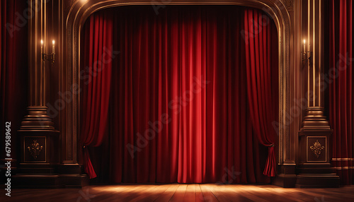 Red curtains and spotlights adorn the theater stage. theater stage with red curtain and gold curtain photo