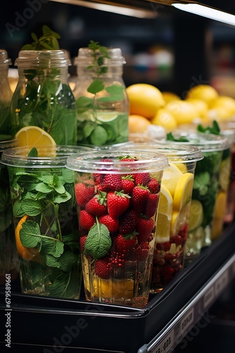 Fresh organic drinks in the fridge at supermarket