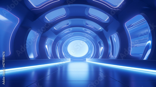 Empty blue tunnel. Technology futuristic background.
