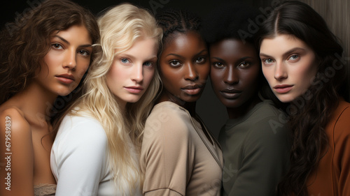 group of three young beautiful girls friends in a studio.