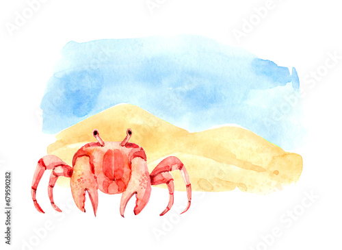 Watercolor illustration of crab on the beach. Hand drawn illustration isolated on he white background