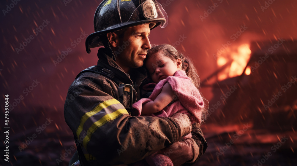 Firefighter in uniform rescue the baby and holding him in hands. Man and child with fire flames in background