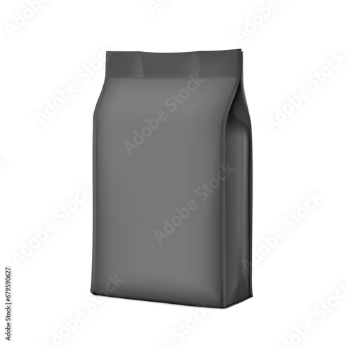 Vertical black bag mockup. Flat bottom gusset bag. Half side view. High realistic. Vector illustration isolated on white background. Ready for use in presentation, promo, advertising and more. EPS10.