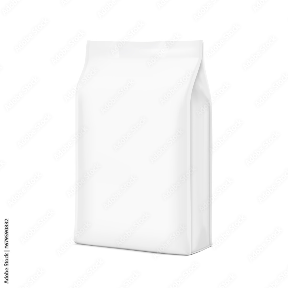 Vertical bag mockup. Flat bottom gusset bag. Half side view. High realistic. Vector illustration isolated on white background. Ready for use in presentation, promo, advertising and more. EPS10. Vertical bag mockup. Flat bottom gusset bag. Half side view. High realistic. Vector illustration isolated on white background. Ready for use in presentation, promo, advertising and more. EPS10.