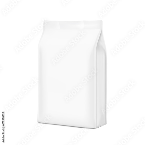 Vertical bag mockup. Flat bottom gusset bag. Half side view. High realistic. Vector illustration isolated on white background. Ready for use in presentation, promo, advertising and more. EPS10.