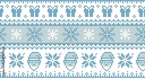 Lapland seamless pattern with nordic snowflake, santa, and gift. Christmas winter backgrounds in white and soft blue colors.
