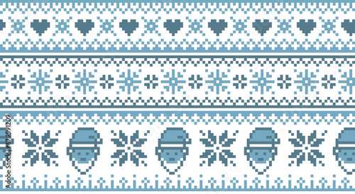 Christmas winter background in knitted pixel art style. Lapland seamless pattern with santa and nordic snowflake. 