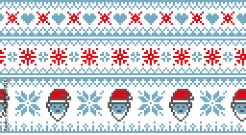 Lapland seamless pattern with santa and nordic snowflake. Christmas winter background in knitted pixel art style.