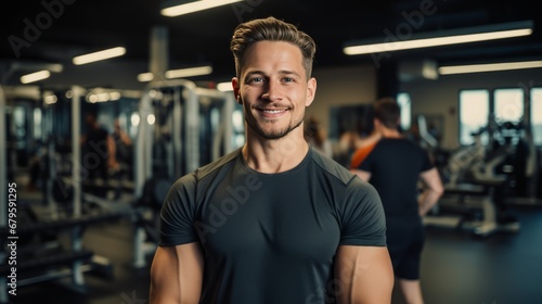 Portrait of a male personal trainer holding tablet and smiling at the camera in a gym. 