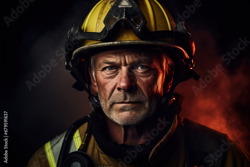 Firefighter with helmet portrait on dark backgraund. Proffesion concept © bit24