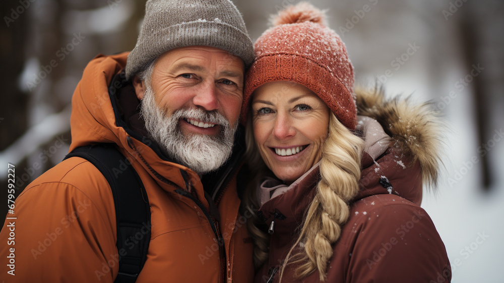senior couple with snow in winter forest