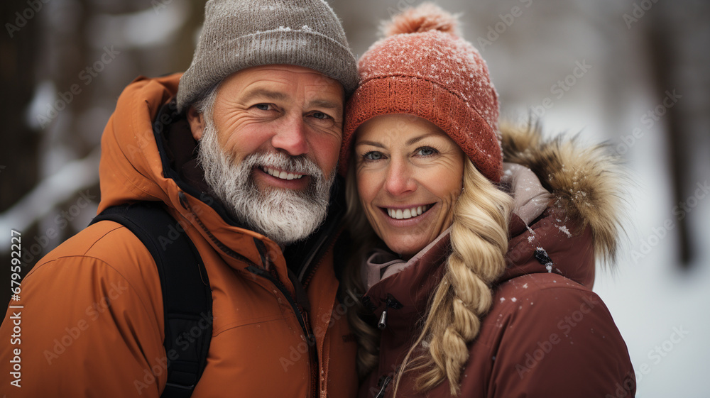Fototapeta premium senior couple with snow in winter forest