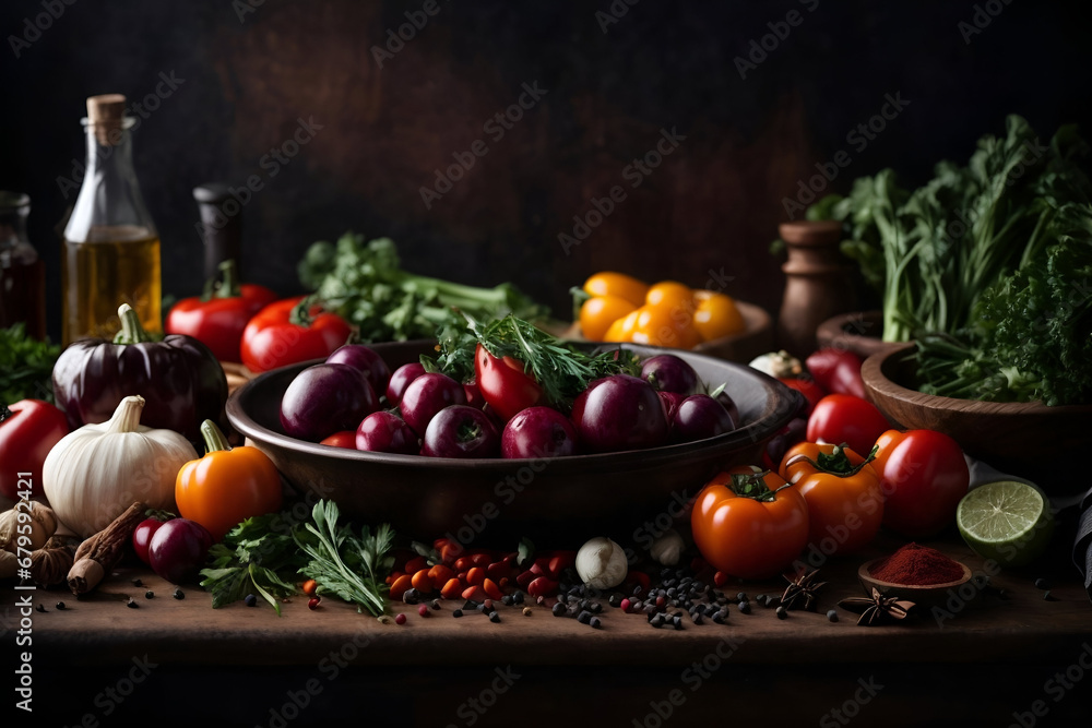 An assortment of healthy vegetables, herbs, and oils on a rustic wooden table with a dark background. An assortment of healthy vegetables, herbs, and oils on a rustic wooden table with a dark background.