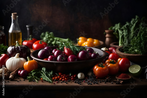 An assortment of healthy vegetables, herbs, and oils on a rustic wooden table with a dark background.